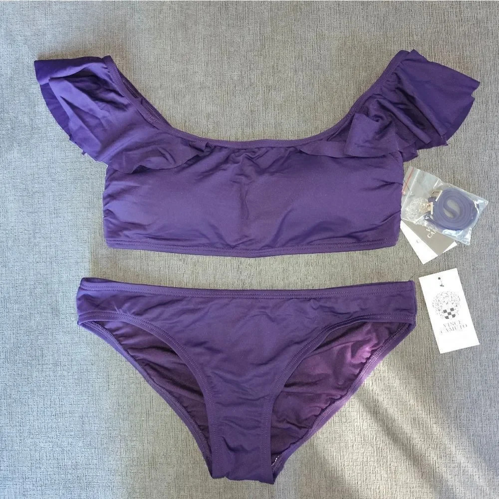Vince Camuto Women's Deep Plum Off The Shoulder Ruffle Top & Bottom Bikini Small